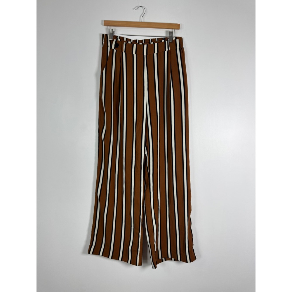 Chic‎ Gilli Womens Large Wide Leg Striped Pants Rust Brown Black White High Rise